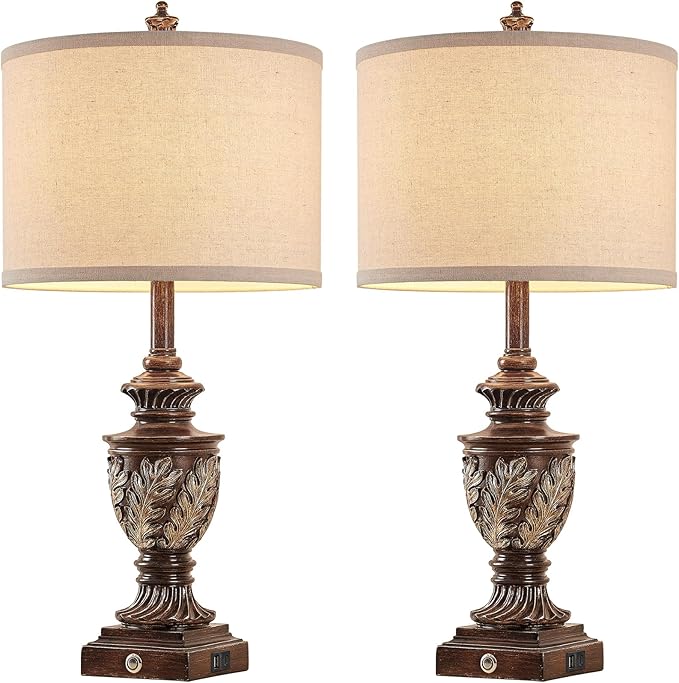 Farmhouse 3-Way Dimmable Touch Table Lamp Set of 2 for Bedroom Living Room with USB A+C Charging Ports 27.75" Tall Rustic Traditional Nightstand Bedside Lamps Brown End Table Lamp (2 Bulbs Included)-Ruum Studio Home