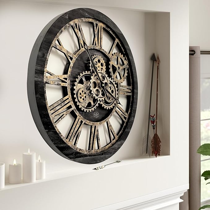 The Gears Clock The Original Real Moving Gear Wall Clock Vintage Industrial Oversized Rustic Farmhouse (24 inch (60cm), Vintage Black Wood and Bronze)-Ruum Studio Home