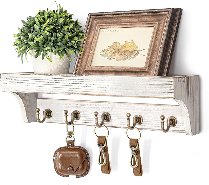 Rebee Vision Pine Wood Key Holder Wall Mount with Shelf for Farmhouse Decor - Rustic Wall Mail Organizer Wall Mounted for Living Room Decor - Perfect Mail Organizer for Home Improvement (Whitewash)-Ruum Studio Home