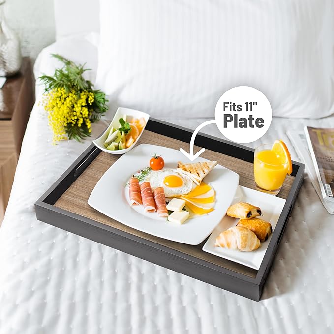 Wood Serving Tray with Handles, Home Decorative Wooden Rectangle Ottoman Decor Platter Vanity Tray for Breakfast Dinner Drinks Kitchen Dining Living Bathroom Restaurants Black Wooden-Ruum Studio Home