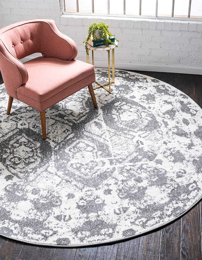 Unique Loom Rosso Collection Vintage, Geometric, Bohemian, Traditional, Distressed, Southwestern Area Rug, Round 3' 3" x 3' 3", Light Gray/Ivory-Ruum Studio Home