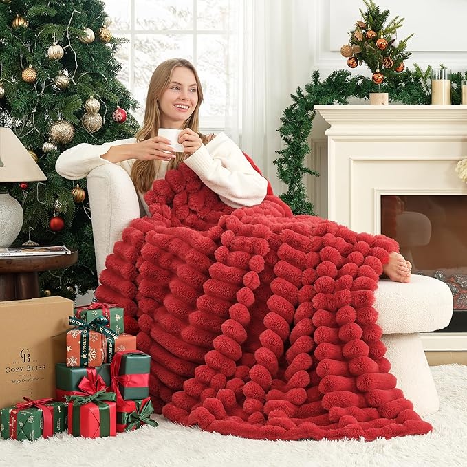 Cozy Bliss Faux Fur Throw Blanket for Couch, Cozy Warm Plush Striped Blanket for Sofa Bedroom Living Room,60 * 80 Inches Cardinal Red-Ruum Studio Home