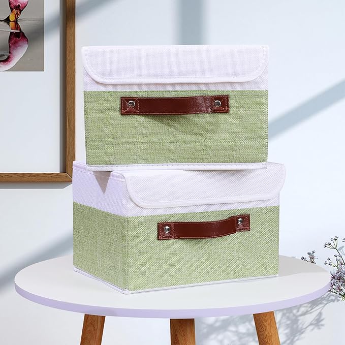 ANMINY 2PCS Storage Boxes with Lid Washable Decorative Storage Bins Basket with PU Leather Handle Foldable Linen Fabric Storage Cubes Containers for Home Closet Organizer - Green White, Small Size-Ruum Studio Home