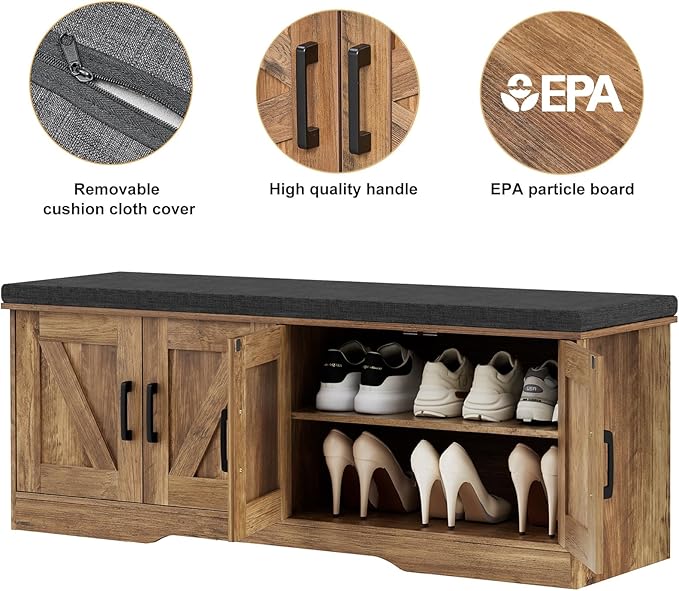 2-Tier Storage Bench, Shoe Bench with Padded Seat Cushion, Entryway Bench with 4 Barn Doors, Adjustable Shelf, 13.8" D x 47.2" W x 17.7" H, for Entryway, Living Room, Bedroom, Rustic Walnut-Ruum Studio Home