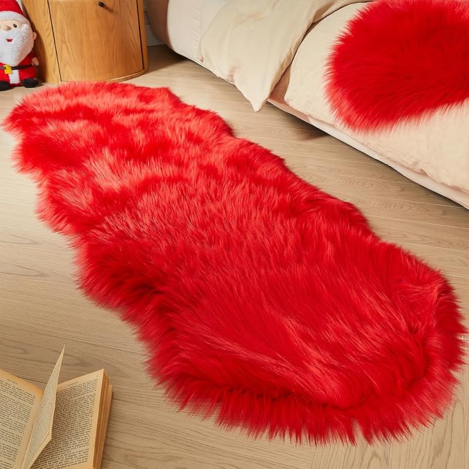 AMTOVO Faux Sheepskin Rug, Red Ultra Soft Fluffy Shag Area Rug, 2 x 6 ft Faux Fur Rug for Bedroom Sofa Throw Cushion Room Decor, Sheepskin-Ruum Studio Home