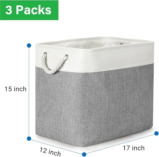 Bidtakay Extra Large Storage Baskets for Organizing 17x12x15.1 inch 3-Pack Fabric Closet Organizers Storage Bins with Handles Foldable Storage Baskets for Shelves Clothes XL-White&Grey-Ruum Studio Home