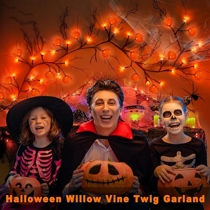 [ 8 Modes & Timer ] Halloween Willow Vine Twig Decor Garland with Pumpkins, 6 FT 54 LED Battery Operated for Indoor Halloween Decorations Home Mantle Fireplace-Ruum Studio Home