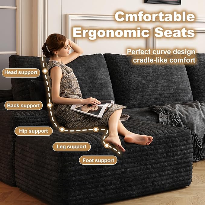 108" Sectional Couches for Living Room Modern Modular Sofa with L-Shape Couchs Upholstered Boneless Couch Deep Seat Sectional Couch with Chaise (Black, Right Facing Chaise+2Seaters+1Ottoman)-Ruum Studio Home