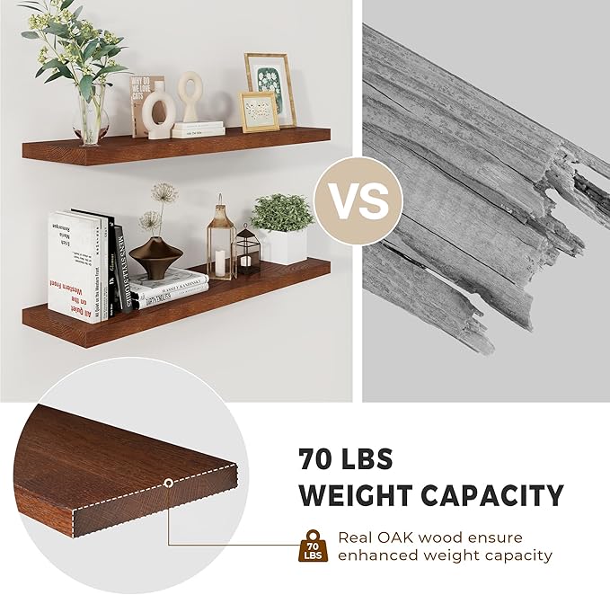 Fun Memories Solid Oak Wood Floating Shelves, 9.3 Inch Deep Natural Wood Shelf with Invisible Heavy Duty Bracket for Bathroom Bedroom Kitchen - 36inch Set of 2, Walnut-Ruum Studio Home