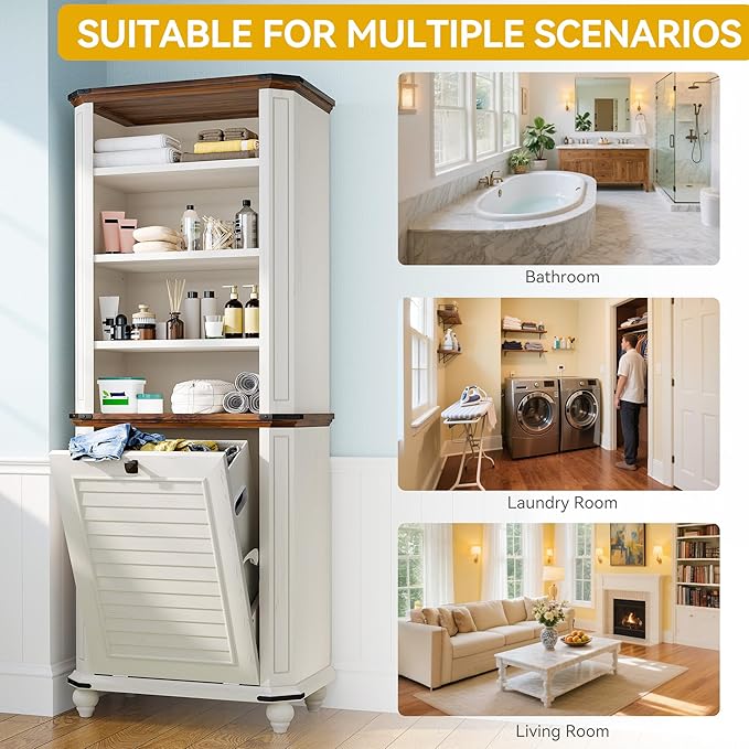 DWVO Tilt Out Laundry Hamper, Farmhouse 4-Tier Storage Cabinet with Removable Laundry Basket, Laundry Hamper Organizer with 2 Adjustable Shelves for Laundry Room, Bathroom, White-Ruum Studio Home