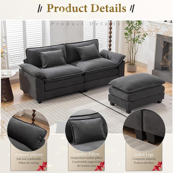 URRED Modular Sectional Sofa Comfy Cloud Couch, Modern Velvet Sofa Sleeper Deep Seat Couches with Ottoman/Pillows for Living Room (Dark Gray, 82.6''- L Shape)-Ruum Studio Home