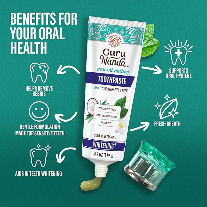 GuruNanda Hydroxyapatite Toothpaste, SLS & Fluoride Free, Whitening Toothpaste - Freshens Breath, Fights Plaque - Natural CocoMint Jasmine Neem, 4.2oz-Ruum Studio Home