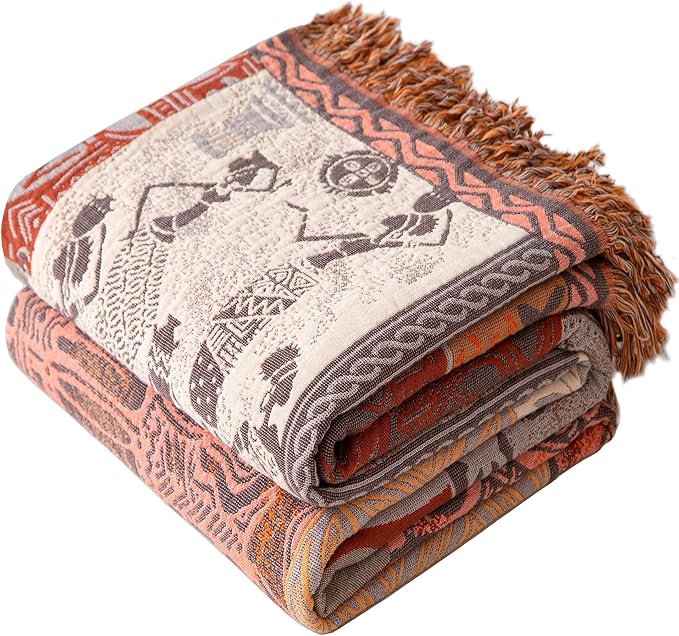 Boho Throw Blanket Full Size, Extra Large Soft Cozy Cotton Muslin Quilt Blanket for Bed Decor, Patchwork Block Couch Sofa Chair Cover, Vintage Farmhouse Cottage Woven Blanket, Red&Orange-Ruum Studio Home