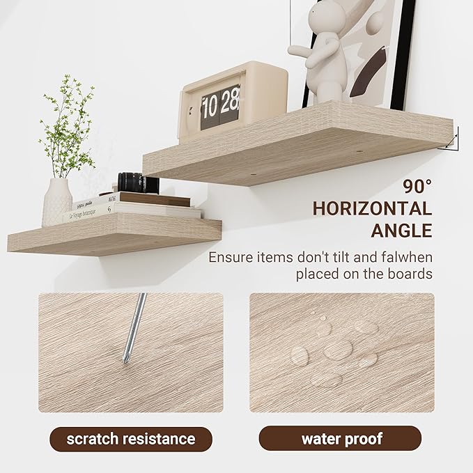 16 Inch Floating Shelves, 3D Textured Wood Grain, 16"x9.25"x1.5" Inch Deep Floating Shelves for Wall, Wooden Shelves for Bathroom, Bedroom, Living Room, Vintage White Oak-Ruum Studio Home