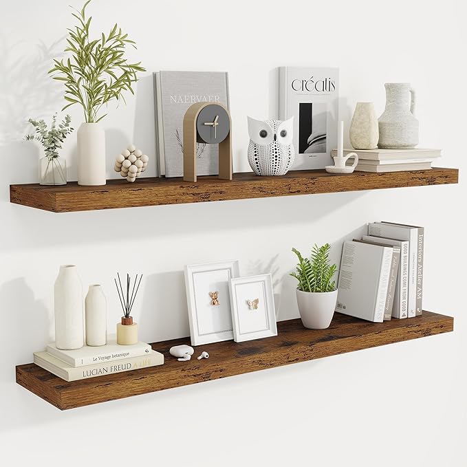 Fun Memories 48 Inch Deep Floating Shelves for Wall, 2 Pack of Long Wall Mounted Wood Shelves with Invisible Brackets for Bathroom, Bedroom, Living Room, Kitchen Decor and Storage, Brown-Ruum Studio Home