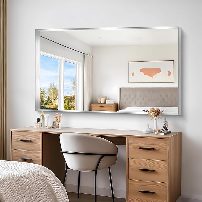 Silver Bathroom Mirror, 36x60 Inch Rectangular Deep Frame Mirror, Large Wall Mounted Bathroom Vanity Mirror Over Sink for Bedroom,Restroom, Living Room, Hangs Vertically or Horizontally-Ruum Studio Home