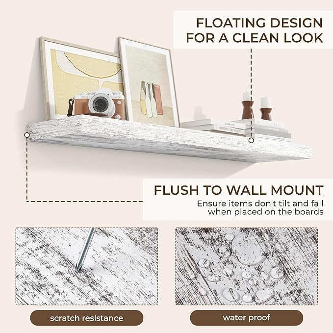 RICHFOCUS 48Inch Floating Shelves for Wall 2 Pack Shelves for Bedroom|Kitchen|Bathroom Wall Mounted Rustic Distressed Wood Floating Shelf with Invisible Brackets for Books|Storage|Decor, Rustic-Ruum Studio Home