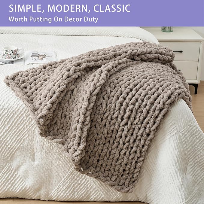 Bigacogo Chunky Knit Throw Blanket for Couch, 40x40 inches, 100% Hand Knitted with Thick Jumbo Chenille Yarn, Cozy Soft Large Rope Knot Cable Crochet Blankets for Sofa Bed Living Room, Taupe-Ruum Studio Home