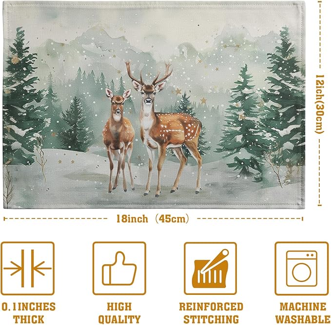 Christmas Watercolor Deer Trees Snowflakes Placemats Set of 4 Winter Rustic Nature Forest Linen Table Mat 12x18 Inch Seasonal Farmhouse Washable Place Mats for Dining Table Kitchen Xmas Decor-Ruum Studio Home