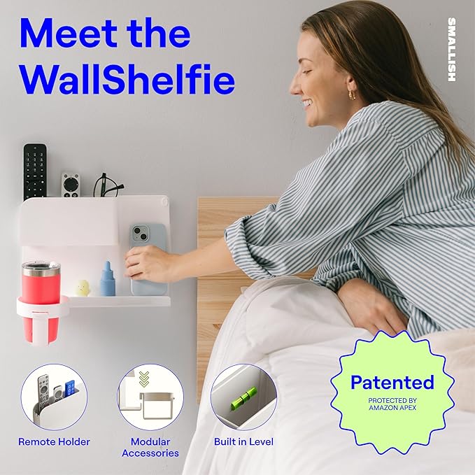 WallShelfie Bedside Wall Organizer - Room Decor, Dorm Room Essential, Floating Bedside Shelf Wall Mount, Makeup Organizer, Remote Control Holder, Room Accessories, Floating Shelves (White)-Ruum Studio Home