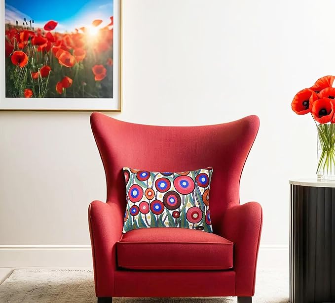 Cream Lumbar Poppy Floral Pillow Cover Red Poppies Flower Pillows White Farmhouse Chair Cushion Floral Cream Hand Embroidered Size 14x20-Ruum Studio Home