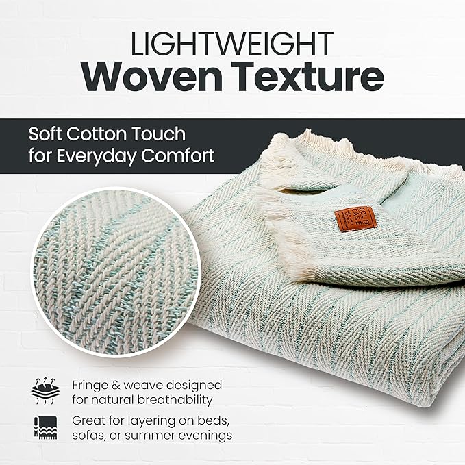 Gold Case Throw Blanket for Couch – 100% Recycled Turkish Cotton Blankets & Throws – Elegant Decorative Throw Blankets for Living Room Sofa – Woven Throws for Couch – Vintage Aqua– 50x60-Ruum Studio Home