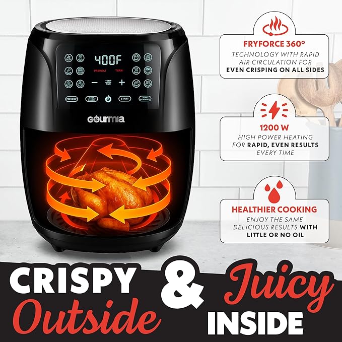 Gourmia Air Fryer Oven Digital Display 4 Quart Large AirFryer Cooker 12 1-Touch Cooking Presets, Black and Stainless Steel Accents Fry Force GAF486-Ruum Studio Home