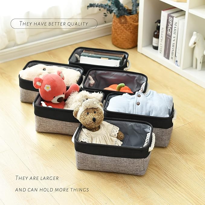 TcaFmac Storage Basket for Shelves - Small 6 Pack Fabric Storage Bins for Organizing, Collapsible Storage Cubes with Handle for Closet Cloth Toy Gift Kids (Black & Grey 11.8 x 7.8 x 5.2 inch)-Ruum Studio Home