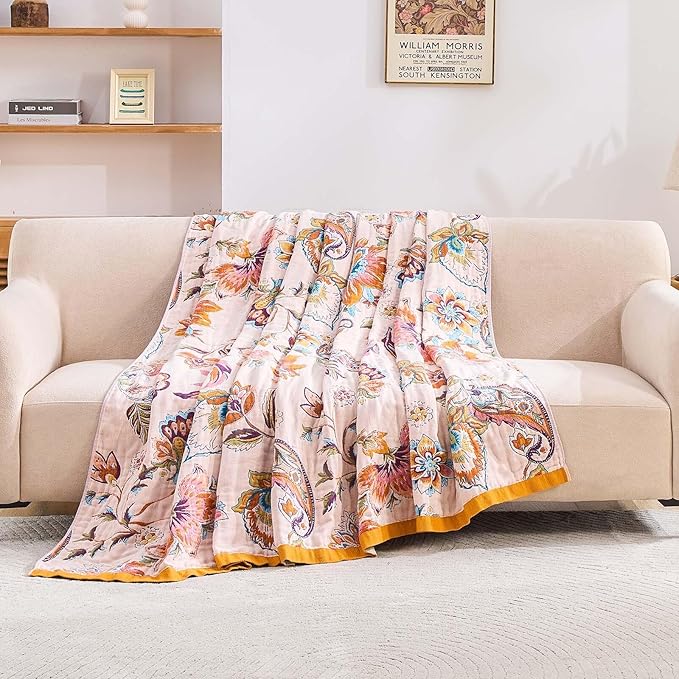 Boho Throw Blanket for Bed, 100% Cotton Soft Rustic Quilt Fall Blanket, 60"x80" Floral Printed Farmhouse Decor Bed Blankets, All Season Rustic Reversible Bohemian Throw Quilt-Ruum Studio Home