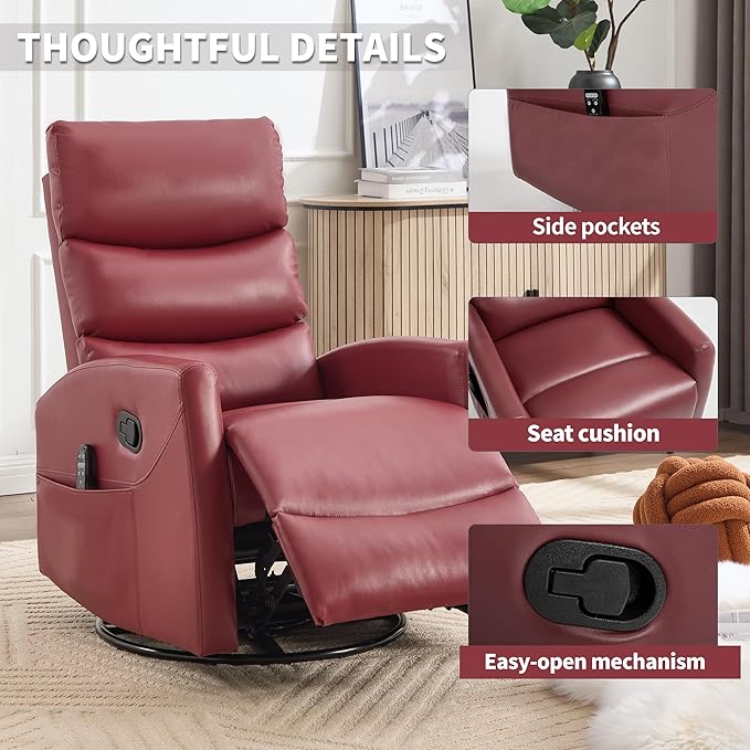 Manual Swivel Rocker Recliner Chair for Adults, Overstuffed Reclining Glider Chair for Nursing with Vibration Massage & Heat, Living Room Rocking Recliner 3-Stage backrest, Faux Leather Red-Ruum Studio Home