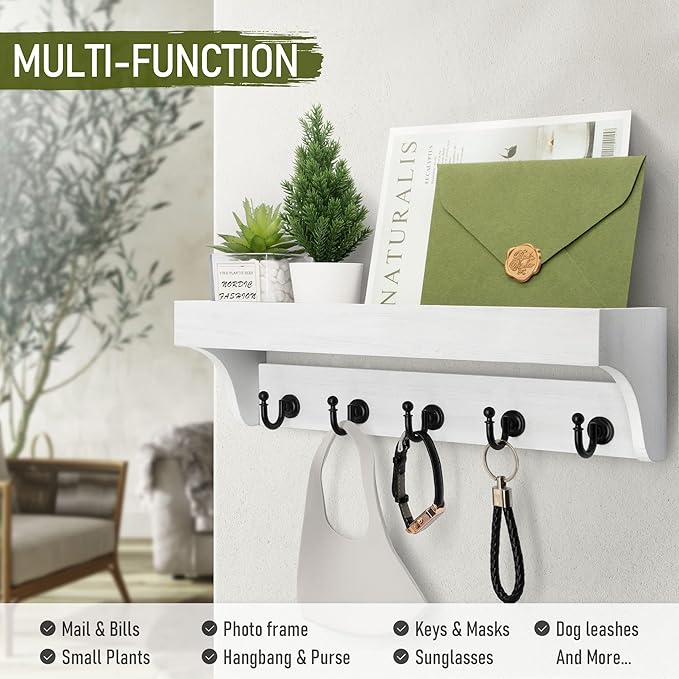 Rebee Vision Key and Mail Holder for Wall with Floating Shelf : Decorative Hanging Organizer with 5 Sturdy Keys Hooks and Wall Mount Key Rack - Farmhouse Entryway Décor (Modern White)-Ruum Studio Home