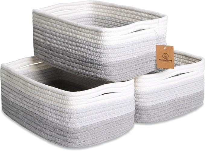 NaturalCozy 11.8"x8"x4.5” Rectangle Storage Baskets for Shelves 3 Pack | Cotton Rope Woven Small Baskets for Organizing | Small Storage Bins for Nursery, Bathroom, Closet, Shelf, Decorative, Gift-Ruum Studio Home