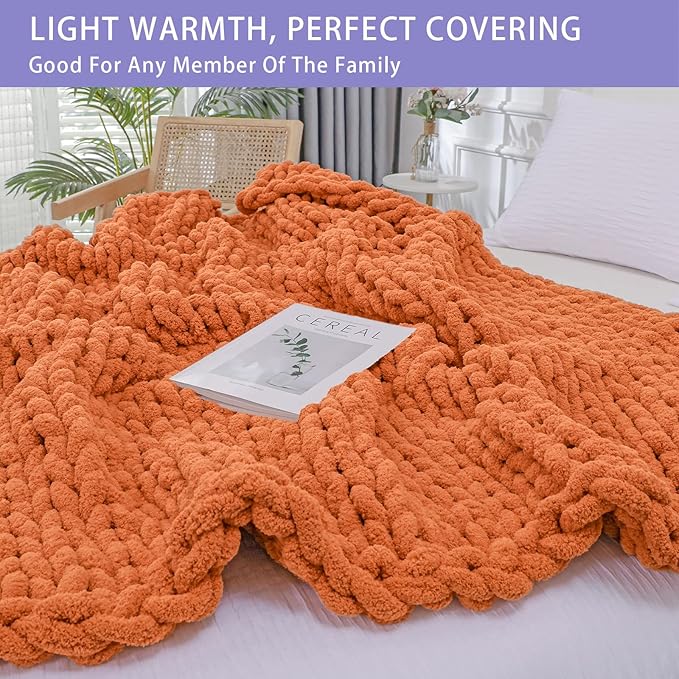 Bigacogo Chunky Knit Throw Blanket for Couch, 51x63 inches, 100% Hand Knitted with Thick Jumbo Chenille Yarn, Cozy Soft Large Rope Knot Cable Crochet Blankets for Sofa Bed Living Room, Terracotta-Ruum Studio Home