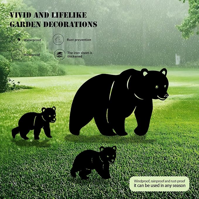 3 Pack Bear Metal Garden Decorative Stakes, Weather Proof Silhouette Statues for Yard, Patio,Outdoor Decor for Bear Lovers and Pet Owners-Ruum Studio Home