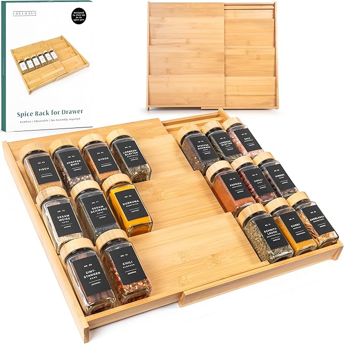Bamboo Spice Drawer Organizer - Expandable 4 Tier Spice Rack (Need 3" Deep Drawer) 12" to 24" Wide, Seasoning Organizer, Organization Seasoning Rack insert (Jars Not Included)-Ruum Studio Home