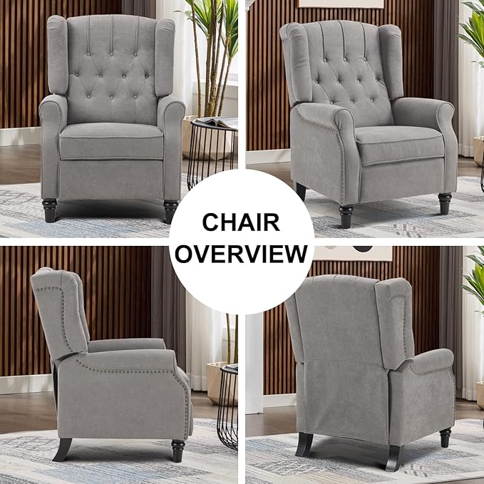 EBELLO Pushback Recliner Chair, Fabric Armchair Push Back Recliner with Rivet Decoration, Mid Century Wingback Accent Chair for Living Room, Bedroom, Grey-Ruum Studio Home
