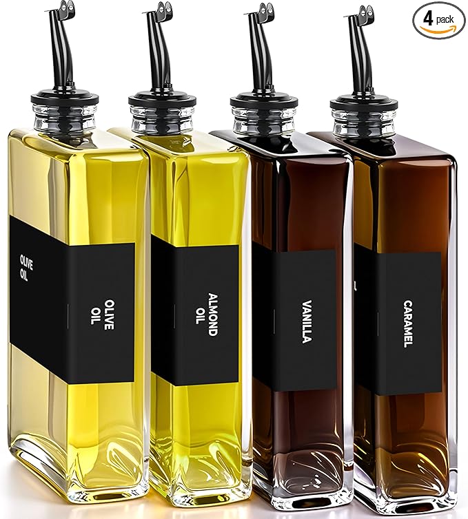Olive Oil Dispenser Bottle - Includes 44 Kitchen Essential Labels - Cooking Oil Bottles for Kitchen, Coffee Syrup Dispenser - Pourer Spout with 11.8 fl oz Glass Container Cruet - 4pcs, Black-Ruum Studio Home