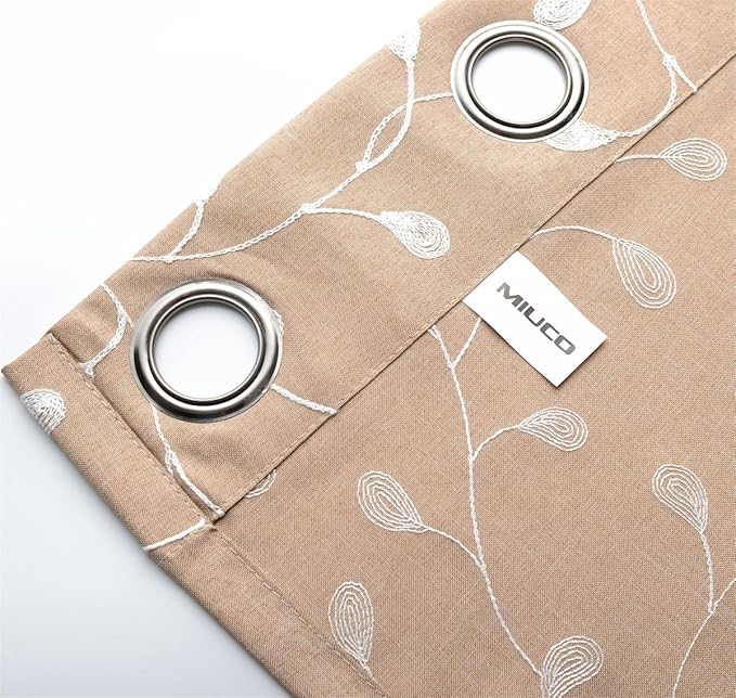 MIUCO Floral Embroidered Semi Sheer Curtains Faux Linen Grommet Curtains for Living Room 52 x 84 Inch 2 Panels Set, Taupe-Ruum Studio Home