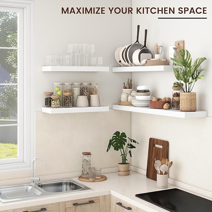 Floating Shelves for Wall, 2 Large Wall Mounted Shelves with Invisible Brackets, Long Wood Floating Wall Shelf Shelves for Living Room, Bedroom, Kitchen, (White, 48" W x 9" D x 1.5" H)-Ruum Studio Home