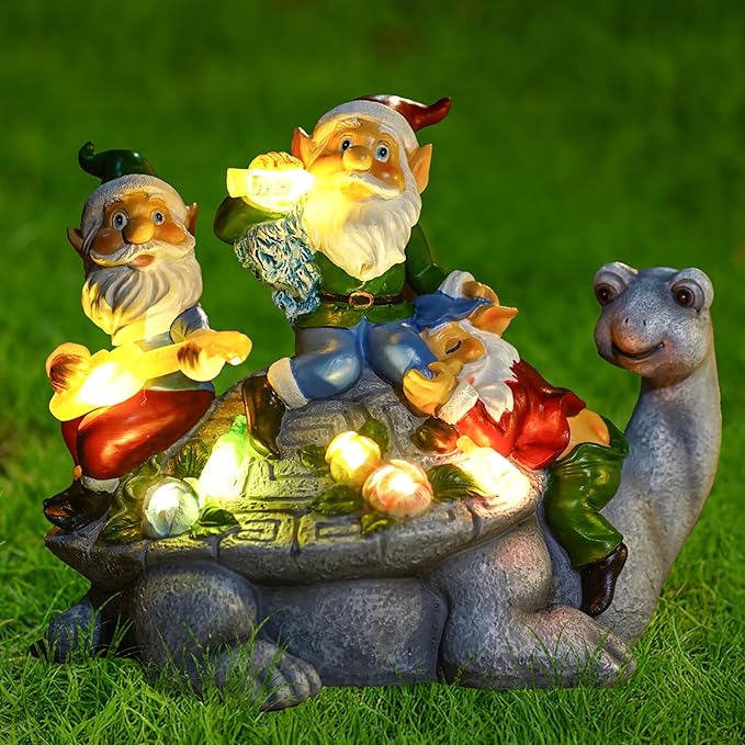 Upgraded Size Solar Garden Outdoor Statues Three Gnomes having party on turtle with 7 LED Solar Figurine for Lawn,Patio,Balcony,Yard Decor Unique Housewarming Gift, for grandfather, Father,Grandma,Wen-Ruum Studio Home