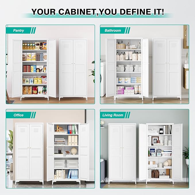 SISESOL Metal Storage Cabinet with Doors and Shelves,White Storage Cabinet with Leg & Vent Hole,Food Pantry Cabinets,5 Tier Metal Pantry,Tall Large Cupboard for Home,Kitchen,Dining/Living/Laundry Room-Ruum Studio Home