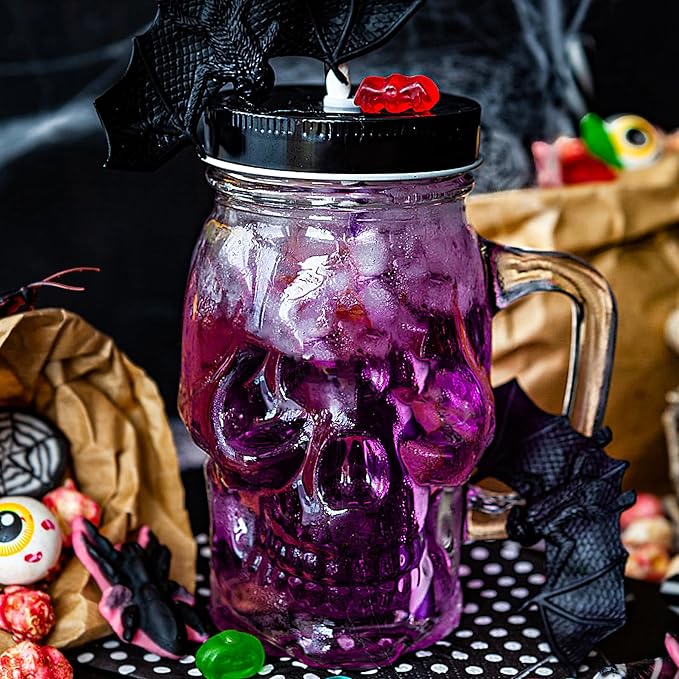 Halloween Cups Set of 4 - Skull Mason Jar with Lids Straws and Handle - Skull Drinking Glasses for Halloween Party Bar Decor (16 oz, Clear)-Ruum Studio Home