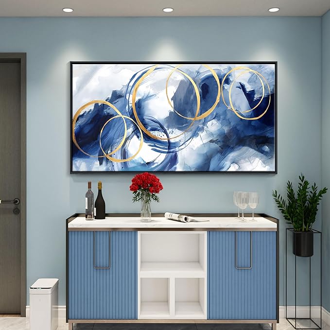 AJAZIKO Large Framed Canvas Wall Art Blue Abstract Wall Art Pictures for Living Room Bedroom Kitchen Office Decor 29x58 In Navy Gold Modern Paintings-Ruum Studio Home