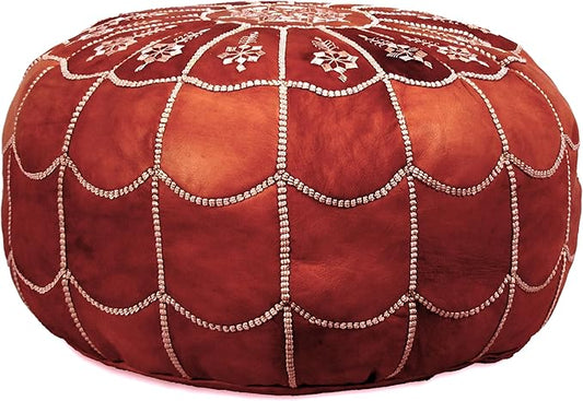 Stuffed Arch Design Moroccan Leather Pouf Ottoman, Handmade, Pre-Filled, 100% Genuine Leather, 14” Height x 22” Diameter – Boho Chic Footstool & Living Room Décor (Honey Cognac)-Ruum Studio Home