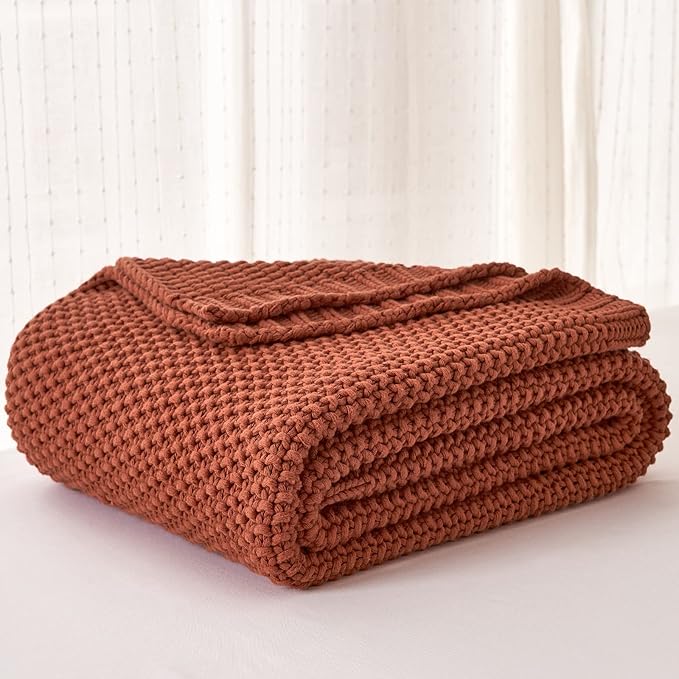 Longhui bedding Chunky Cable Knit Throw Blanket Lightweight Rust 100% Organic Cotton Blanket for Sofa Couch Bed Baby Nursery, Rustic Shabby Chic Modern Farmhouse, 51” x 63” Give Laundering Bag-Ruum Studio Home
