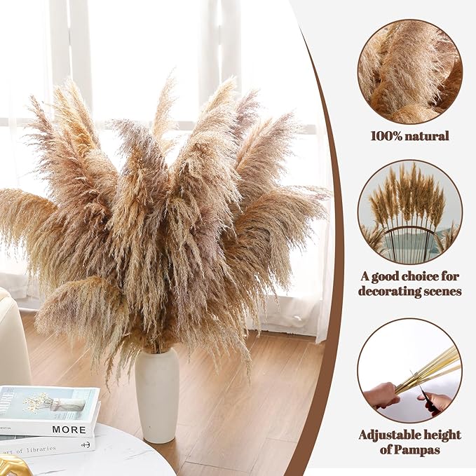 46" inch 11 Stems Natural Pampas Grass Tall Decor,Pompas Grass,Large Borwn Tall Pampas Grass for Floor Vase,Wedding Decorations,Party,Boho Home Decor,and Creating a Boho Ambiance-Ruum Studio Home