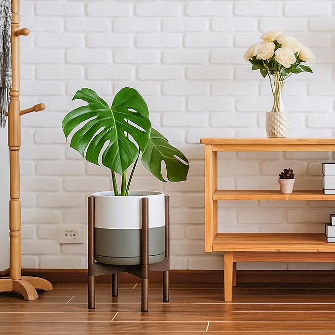 D'vine Dev Ceramic Planter with Walnut Color Stand - 10 Inch Modern Round Flower Pot with Wood Planter Holder, White/Grey, 55-B-X-6-Ruum Studio Home