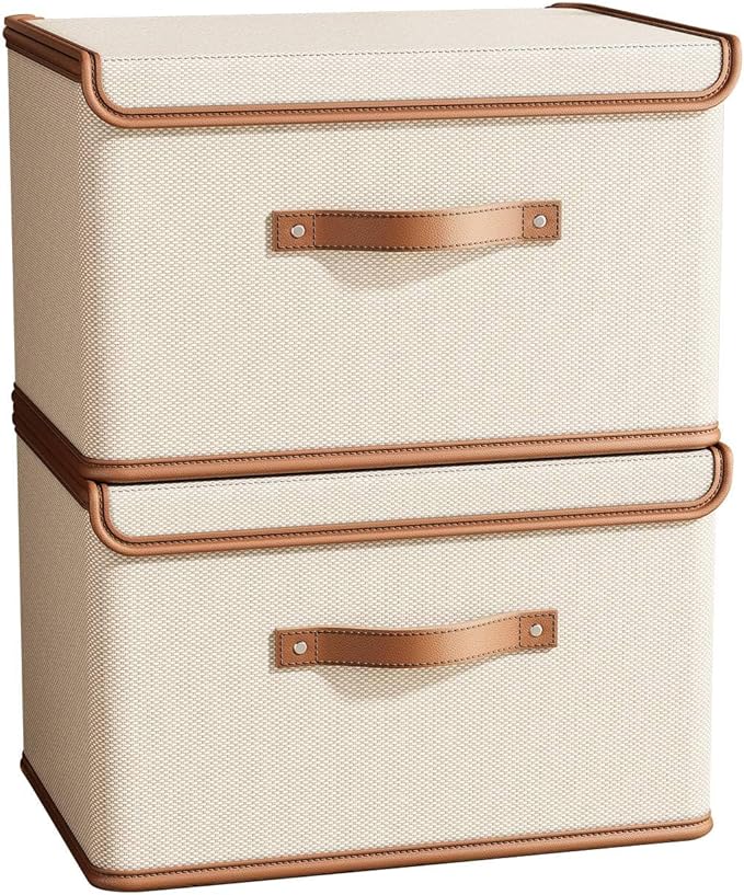 Tuza 2 Pack Storage Bins with Lids, Collapsible Closet Organizer Container, Fabric Organizer Box with Handles, Decorative Storage Boxes with Lids for Organizing Clothes, Books, File, White, Medium-Ruum Studio Home