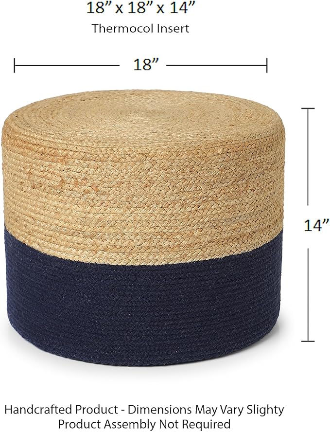 REDEARTH · Cylindrical Pouf Foot Stool Ottoman - Jute Braided Pouffe Poof Accent Sitting Footrest for Living Room, Bedroom, Nursery, Patio, Lounge & Other Rooms (Navy Natural, 18"x18"x14")-Ruum Studio Home