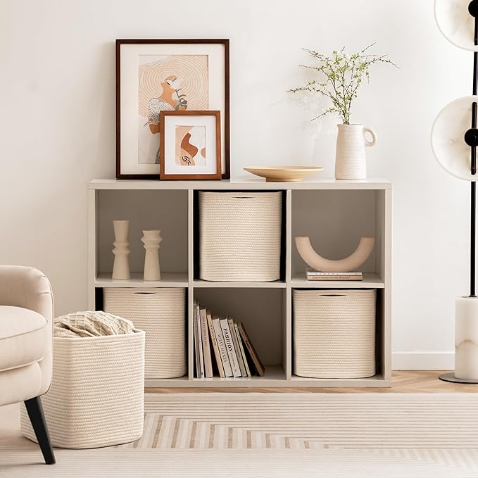 joybest Cube Storage Bins Set of 4, 13inch Cube Baskets Organizer for Nursery, Square Cotton Rope Baskets for Shelves Organizing, Kids Toy, Closet Storage, Beige-Ruum Studio Home